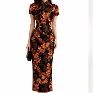 Black Red Floral Midi Womens Dress Size Medium Mandarin Collar Short Sleeve Slit